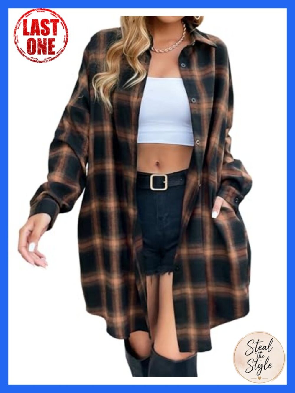 Plaid Flannel Button Down Shirt Long Sleeve Tunic Jacket Knee Length